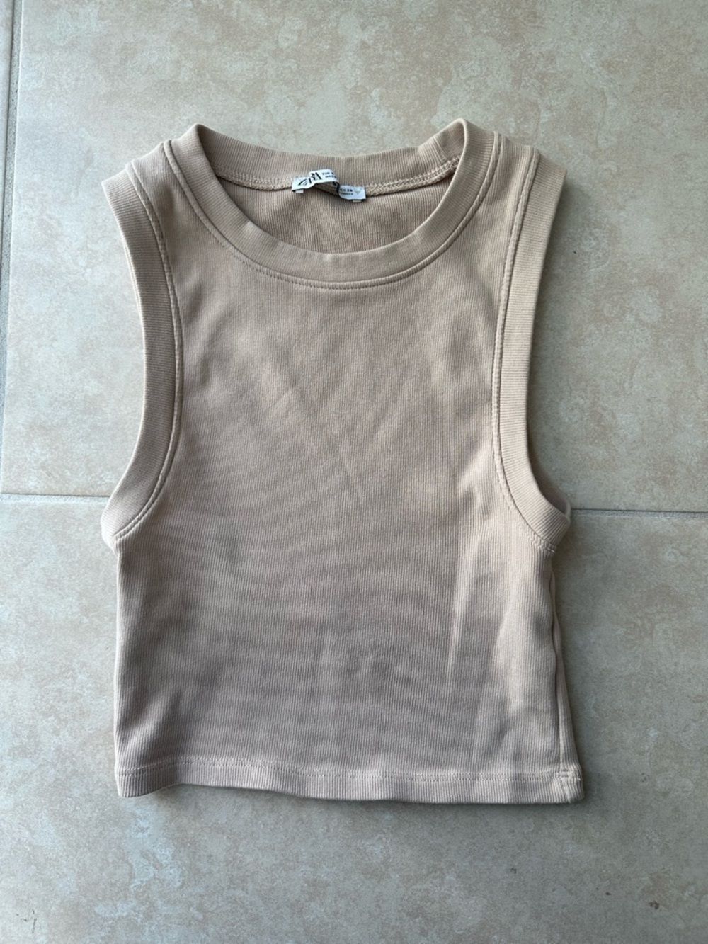 ZARA Ribbed Cropped Crewneck Tank Top in Beige